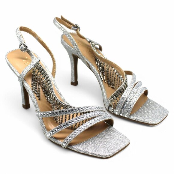 Thalia Sodi Womens Silver Glitter Goring Padded Embellished Asymmetrical Skylar - Picture 1 of 8